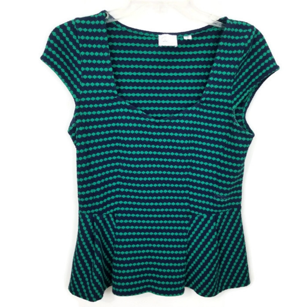 ANTHROPOLOGIE POSTMARK NAVY BLUE GREEN STRIPED TOP - Picture 2 of 5